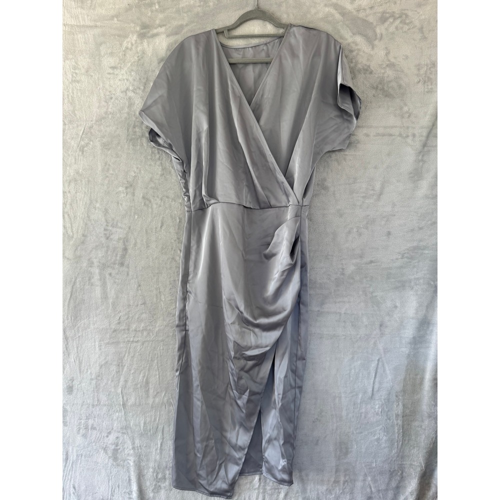Halara Silver Grey Satin Wrap V-Neck Midi Dress Short Sleeve Size L CS4DY